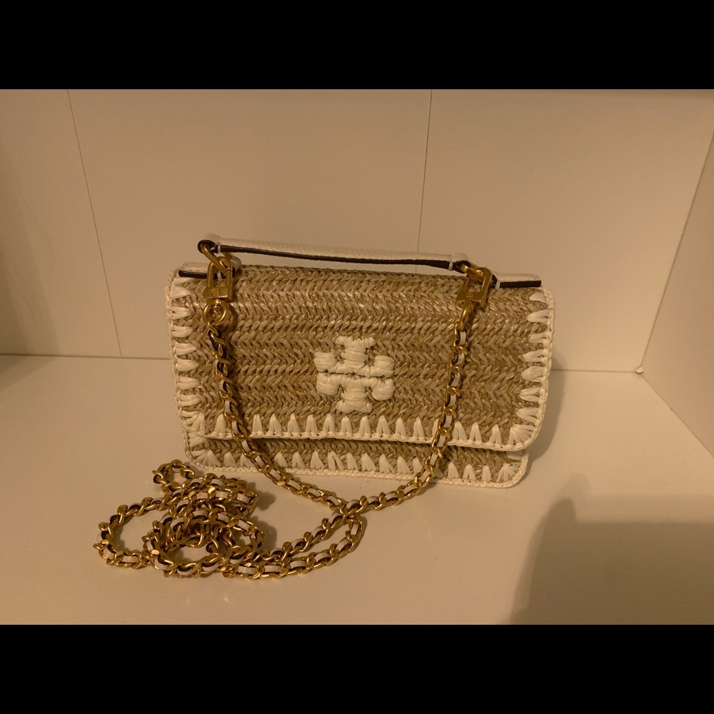 Tory Burch Britten straw mini top handle with chain strap